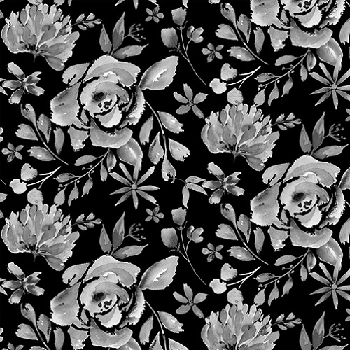 Henry Glass - Misty Morning - Gray Cabbage Roses, Black