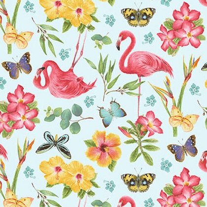 Henry Glass - Pink Paradise - Tossed Flamingos and Flowers, Light Blue