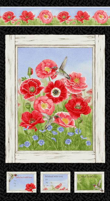 Henry Glass - Poppy Meadows - 24' Panel Red Poppies & Hummingbirds, Black