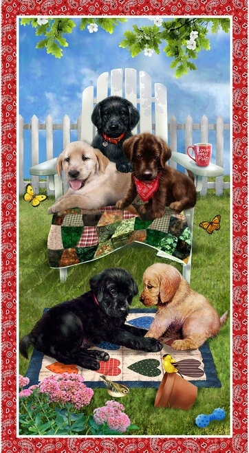 Henry Glass - Pups in The Garden - 24' Pups in Garden Panel, Red