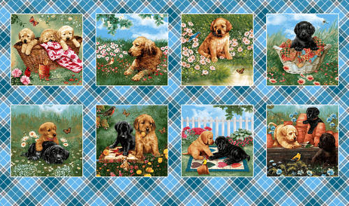 Henry Glass - Pups in The Garden - 9' Puppy Blocks, Cyan