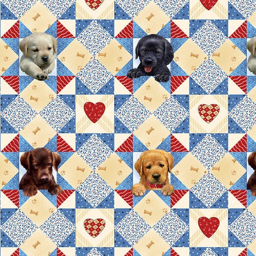 Henry Glass - Pups in The Garden - Puppies Start Quilt, Cyan