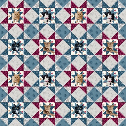 Henry Glass - Quilted Kitties - Patchwork, Blue