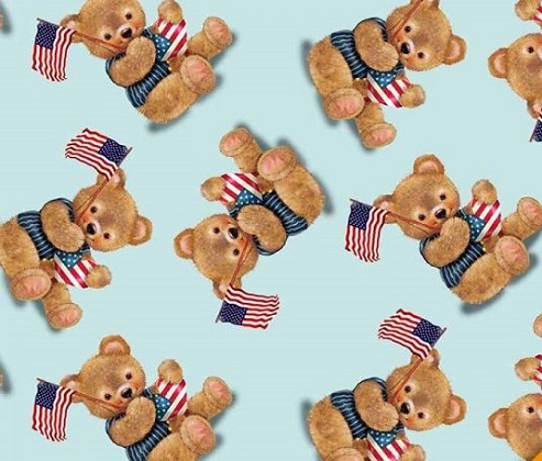 Henry Glass - Teddy's America - Tossed Teddy with Flag, Light Blue