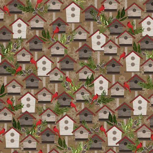 Henry Glass - Woodland Haven Flannel - Birdhouses, Brown
