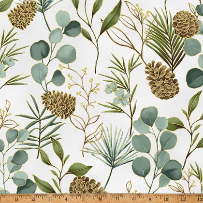 Hoffman California - Ornament Grove - Pine Boughs, Light Gray/Gold