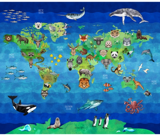 Hoffman Fabric - Zoo Keeper -36' Panel  World Map & Animals, Earth