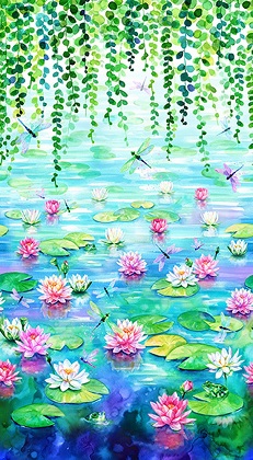 Hoffman Spectrum Digital - Wading With Water Lilies - 24' Water Lily Panel, Mult