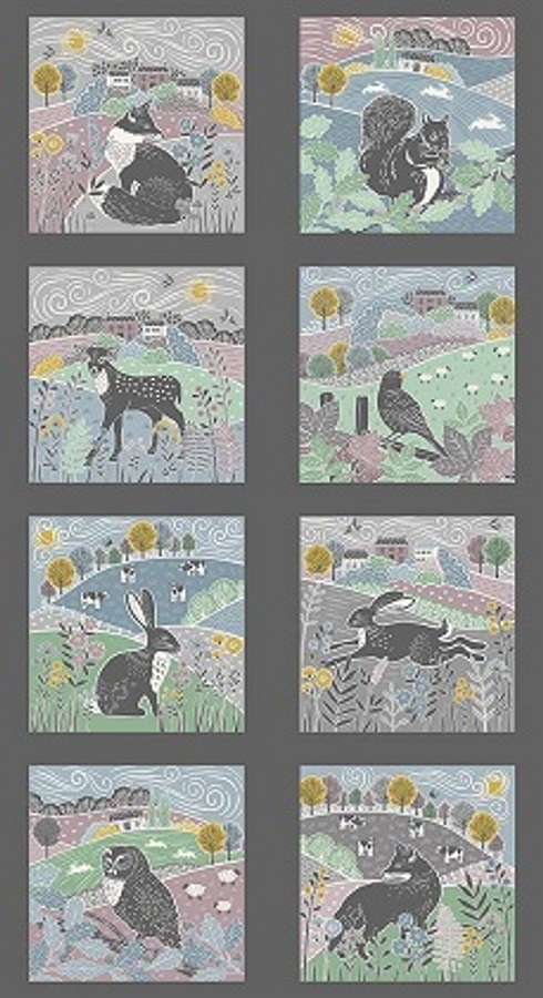 Makower - Heather and Sage - 24' Animal  Blocks Panel, Multi