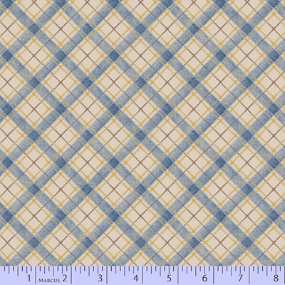 Marcus Fabric - Paisley Palette - Blue Diagonal Plaid, Cream