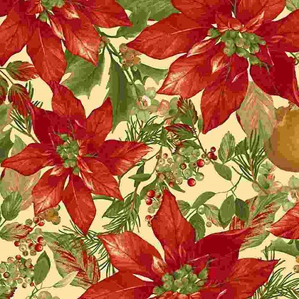 Marcus Fabrics - Holiday Foliage - Poinsettias, Cream