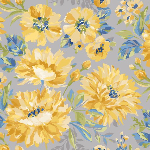 Marcus Fabrics - Yellow Sky - Flower, Gray