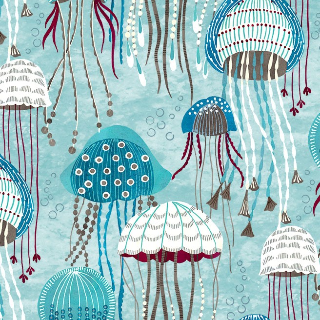 Michael Miller - Fanciful Sea Life - Jolly Jellyfish, Aqua