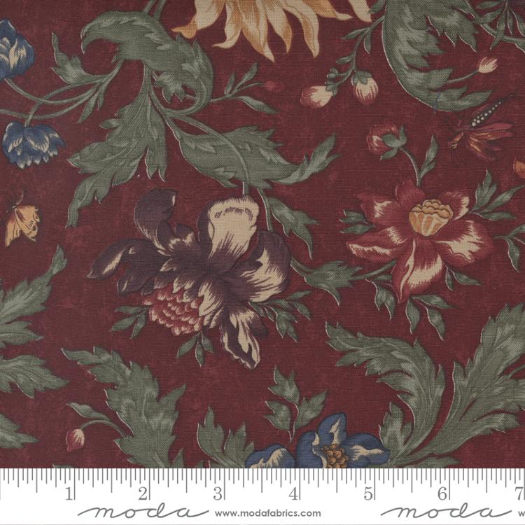 Moda - Daffodils And Dragonflies - Large Floral, Burgundy