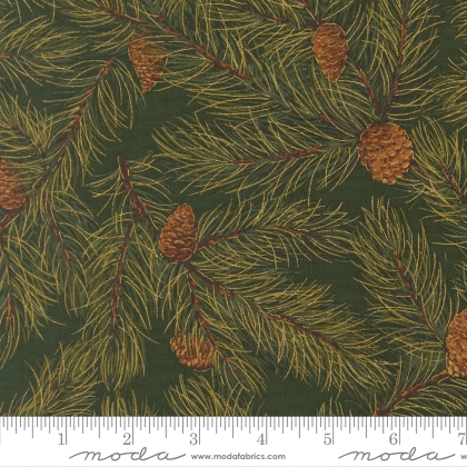 Moda - Merry Manor Metallic - Pine Cones, Evergreen