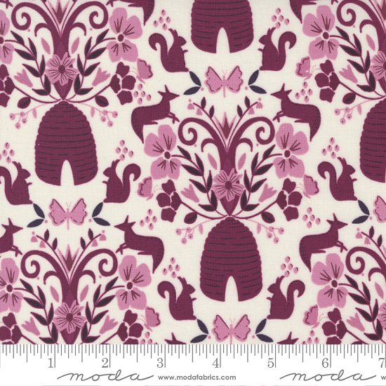 Moda - Wild Meadow - Floral & Animal Damask, Porcelain/Boysenberry