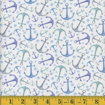 Mook Fabrics - Maritime - Watercolor Anchors, White