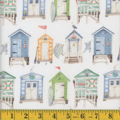Mook Fabrics - Maritime - Watercolor Beach Huts, White