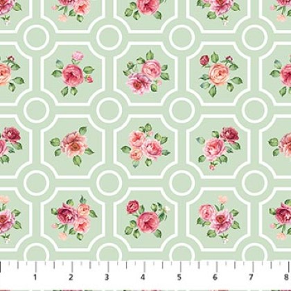 Northcott - Blush - Floral Grid, Green