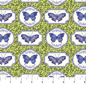 Northcott - Botanical Blues - Butterfly Patch, Green