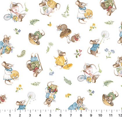 Northcott - Country Mouse - Tossed Mice, White