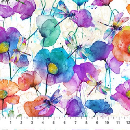 Northcott - Dragonfly Dance - Tossed Floral, White