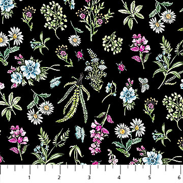 Northcott - From Paris With Love - Small Floral Bouquets, Black