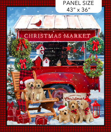 Northcott - Golden Christmas - 36' x 43' Christmas Puppies at Market Panel, Red