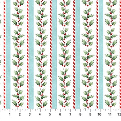 Northcott - Holly Jolly - Holly Stripe, White