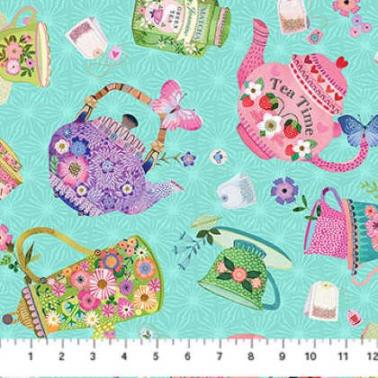 Northcott - My Cup of Tea - Tea Party, Light Teal