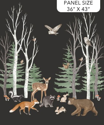 Northcott - Tanglewood - 36' Forest Animals Panel, Charcoal