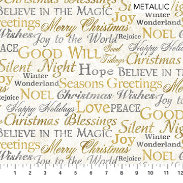 Northcott - White Christmas - Stonehenge - Words, Light Cream