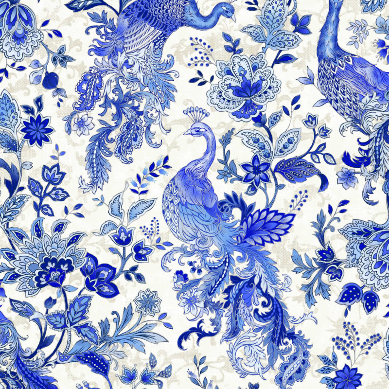 Oasis Fabrics - Peacocks - Allover Blue Peacock, White