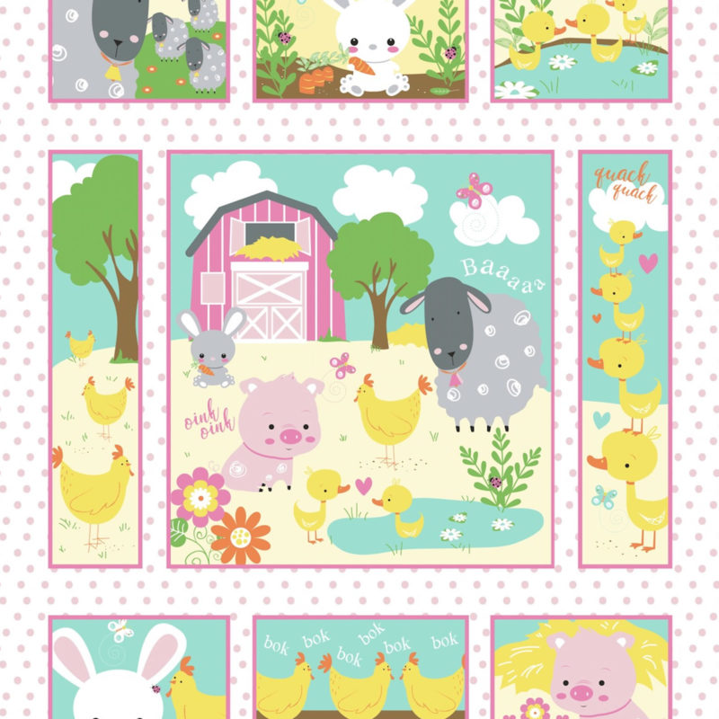 Oasis Fabrics - Wee One Baby - 36' Barnyard Animals Panel, Multi/Pink