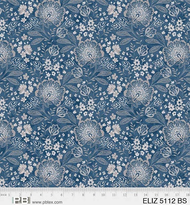 P & B Textiles - 108' Elizabeth - Large Floral, Blue Silver