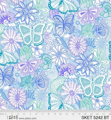 P & B Textiles - 108' Sketchbook - Floral Butterflies, Blue Teal