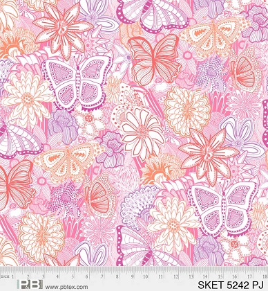 P & B Textiles - 108' Sketchbook - Floral Butterflies, Pink Orange