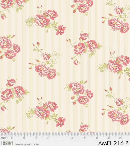 P & B Textiles - Amelie - Small Floral - Stripe, Pink/Cream