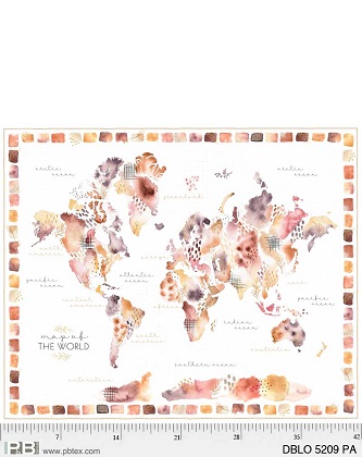 P & B Textiles - Desert Blooms - 36' Map of The World Panel, Peach