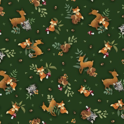 P & B Textiles - Fablewood - Tossed Creatures, Dark Green