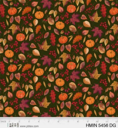 P & B Textiles - Harvest Minis - Leaves & Pumpkins, Dark Green