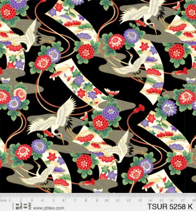 P & B Textiles - Tsuru - Cranes & Ribbons, Black