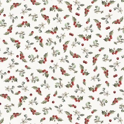 P & B Textiles - Winter Song - Tossed Holly & Berries, Light Silver