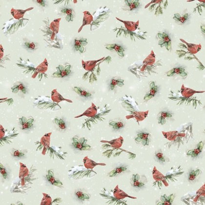 P & B Textiles - Woodland Whispers - Cardinal Allover, Light Sage