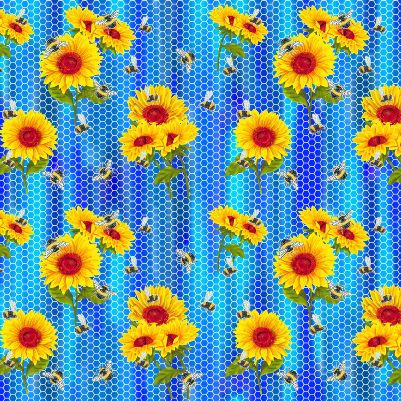 Print Concepts - Sunshine & Bumblebees - Sunflowers on Honeycomb, Blue