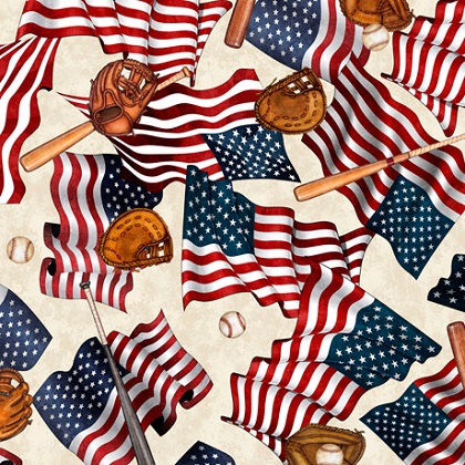 Quilting Treasures - America's Pastime - Flags & Baseball Motifs, Cream