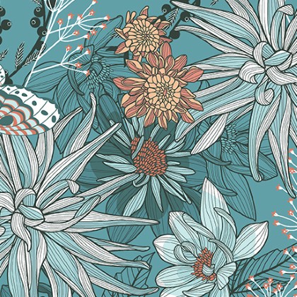 Quilting Treasures - Dahlias At Dusk - Dahlias & Butterflies, Teal