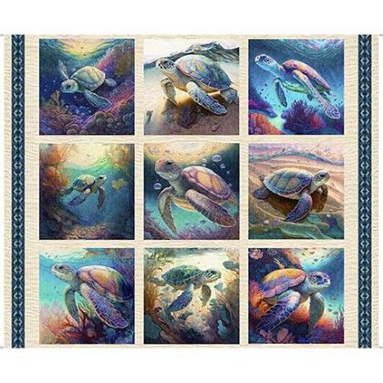 Quilting Treasures - Endless Blues - 36' Sea Turtle Picture Patch, Cream