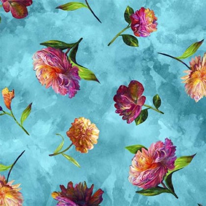 Quilting Treasures - Fleur Etoile - Tossed Floral, Turquoise