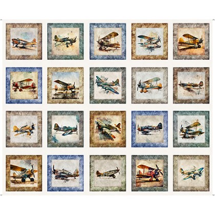 Quilting Treasures - Flying High - Airplane Picture Patches Panel, Cream